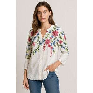 Kindred Shirt Women Medium White Embroidered Floral Button Down Boho Cottagecore